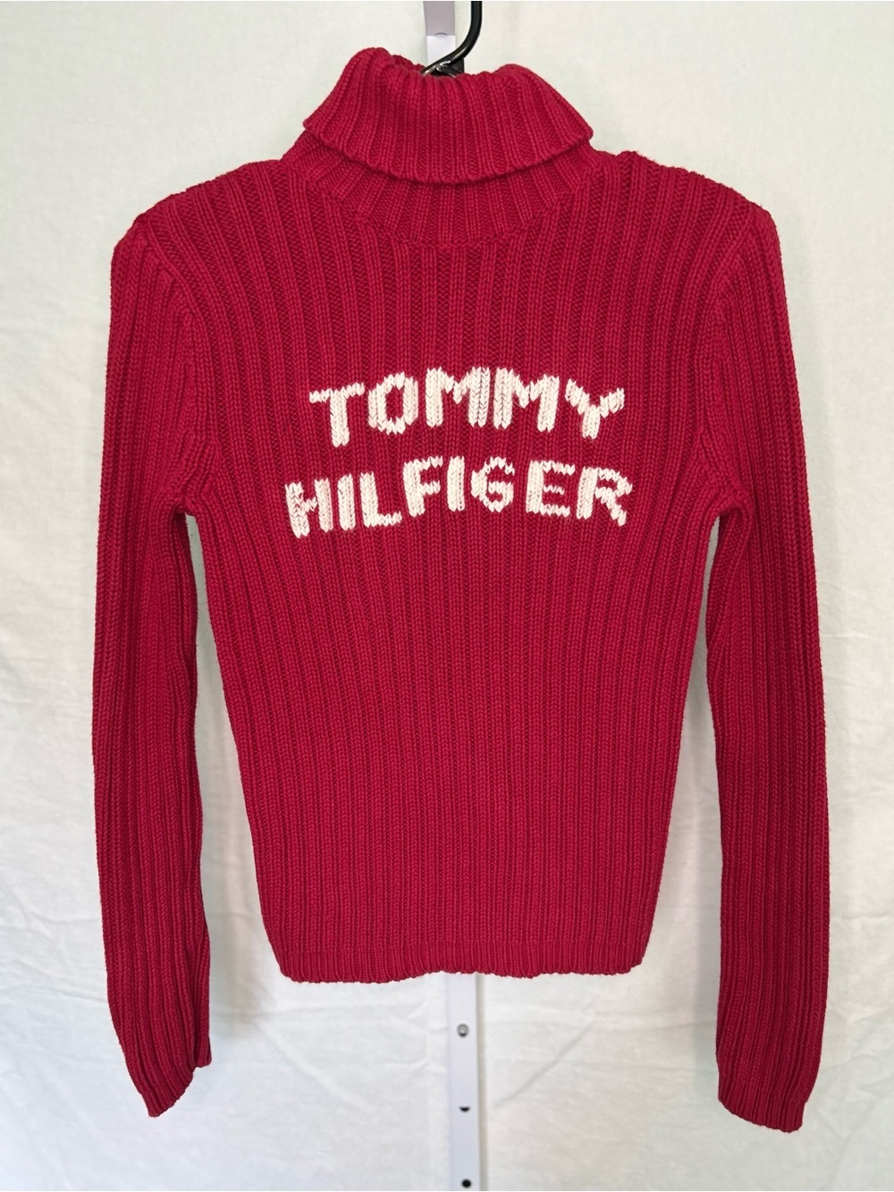 VTG Y2K Tommy Hilfiger Red Ribbed Turtleneck Spellout Logo Sweater Small Petite